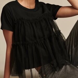 Lucky Brand Women Tiered Tulle Babydoll Black Mix Media Short Sleeve Top Medium